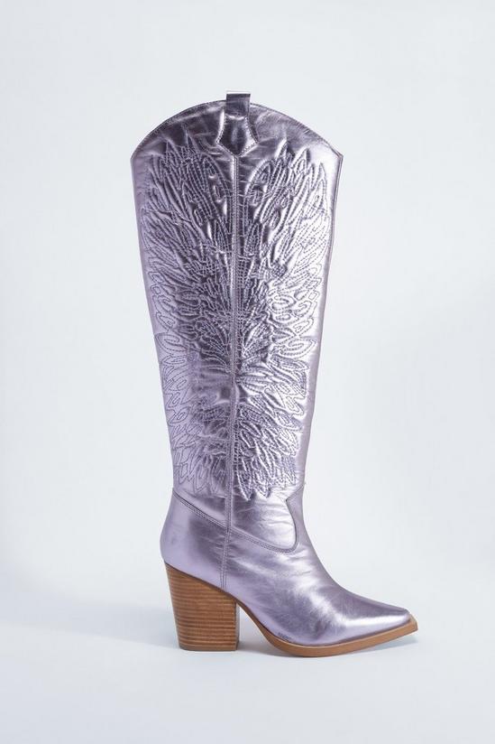 NastyGal Leather Metallic Butterfly Embroidery Knee High Cowboy Boots 3