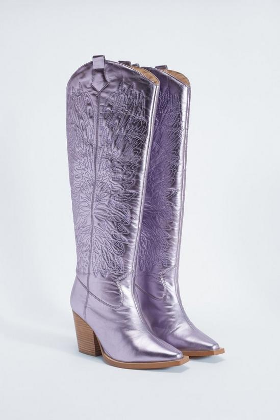NastyGal Leather Metallic Butterfly Embroidery Knee High Cowboy Boots 4