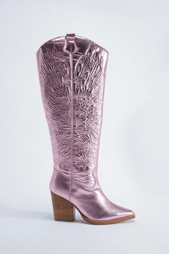 NastyGal Leather Metallic Butterfly Embroidery Knee High Cowboy Boots 3