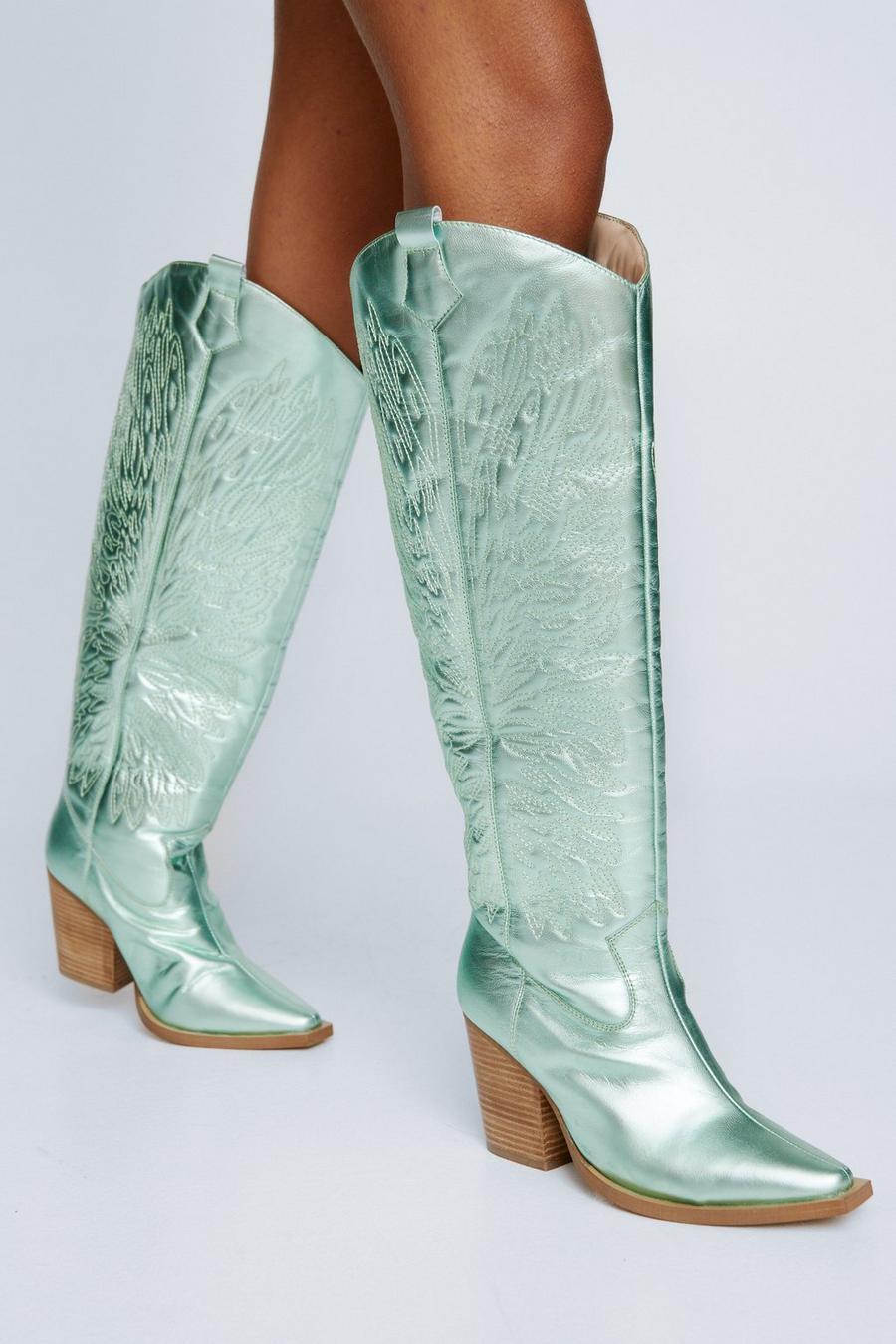 Green Leather Metallic Butterfly Embroidery Knee High Cowboy Boots