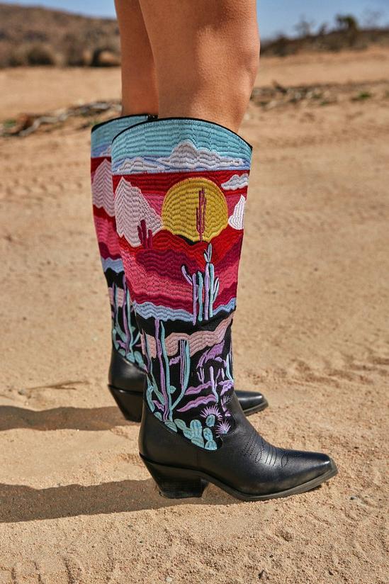 NastyGal Leather Embroidered Landscape Knee High Cowboy Boots 1