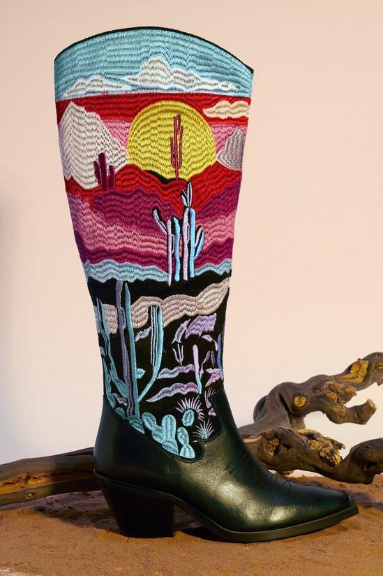 NastyGal Leather Embroidered Landscape Knee High Cowboy Boots 3