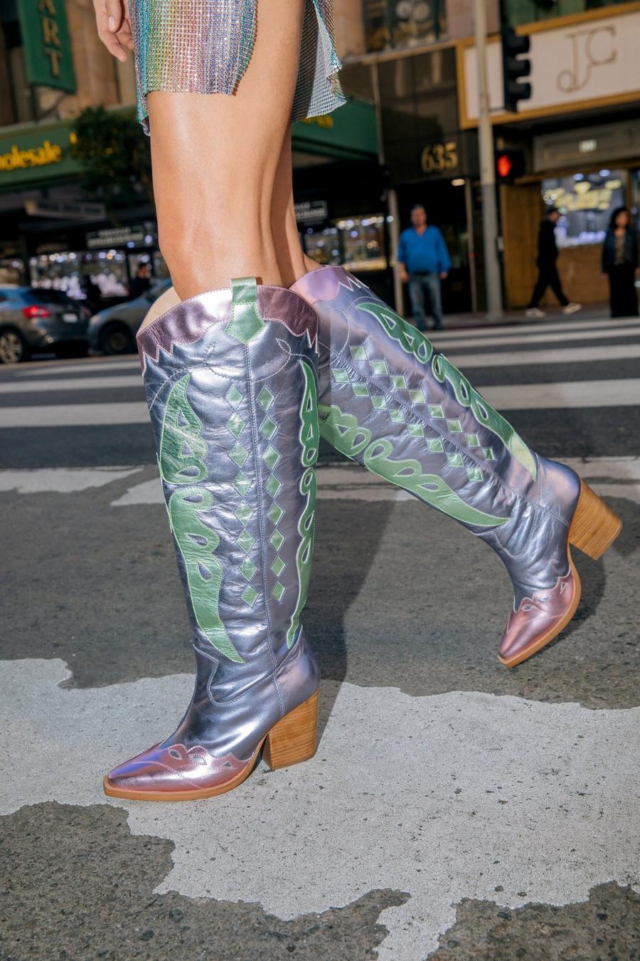 Lilac Leather Metallic Butterfly Knee High Cowboy Boots image number 1