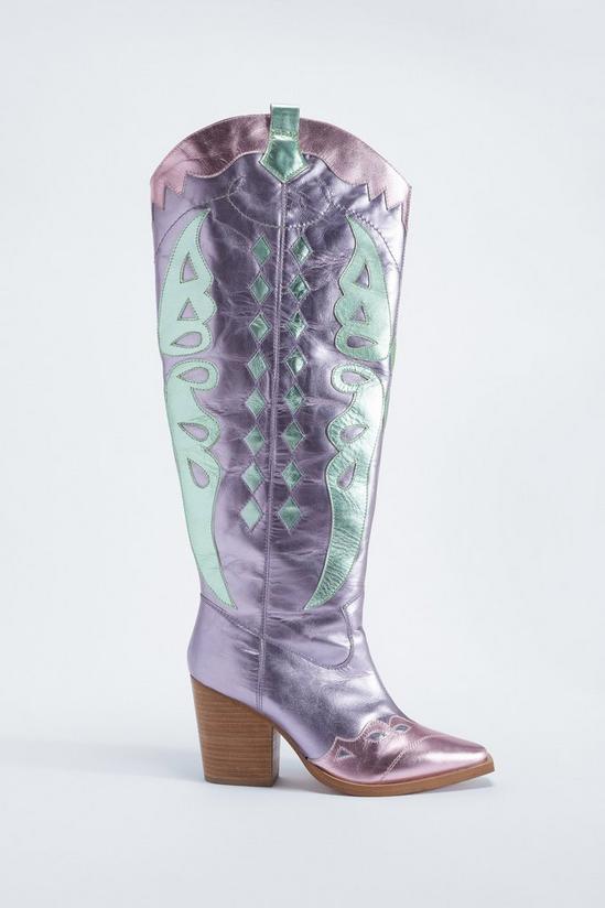 NastyGal Leather Metallic Butterfly Knee High Cowboy Boots 3