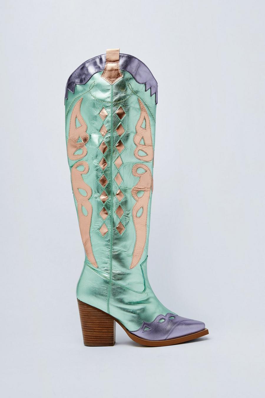 Turquoise blue Leather Metallic Butterfly Knee High Cowboy Boots image number 1