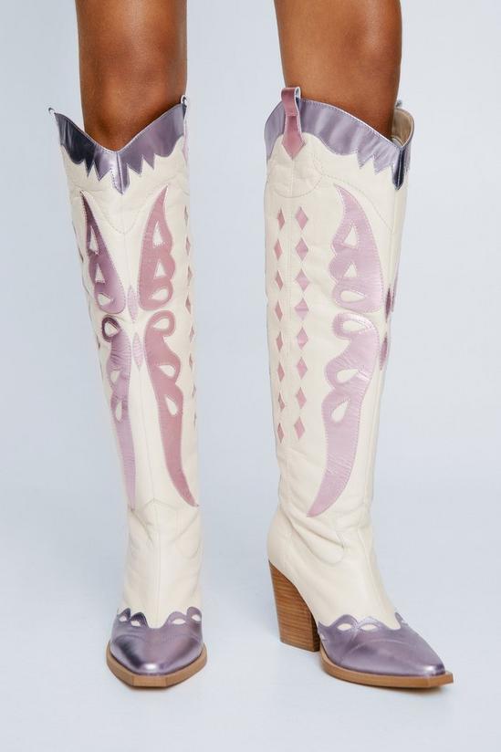NastyGal Leather Metallic Butterfly Knee High Cowboy Boots 2