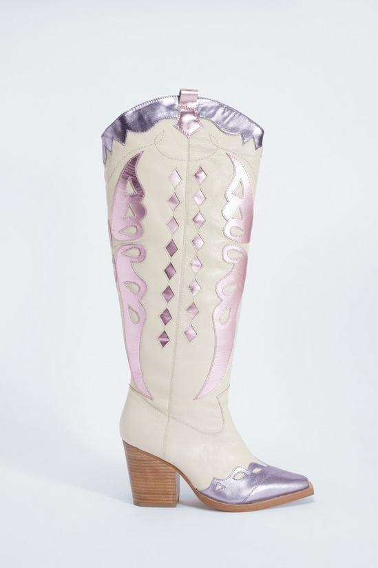 NastyGal Leather Metallic Butterfly Knee High Cowboy Boots 3