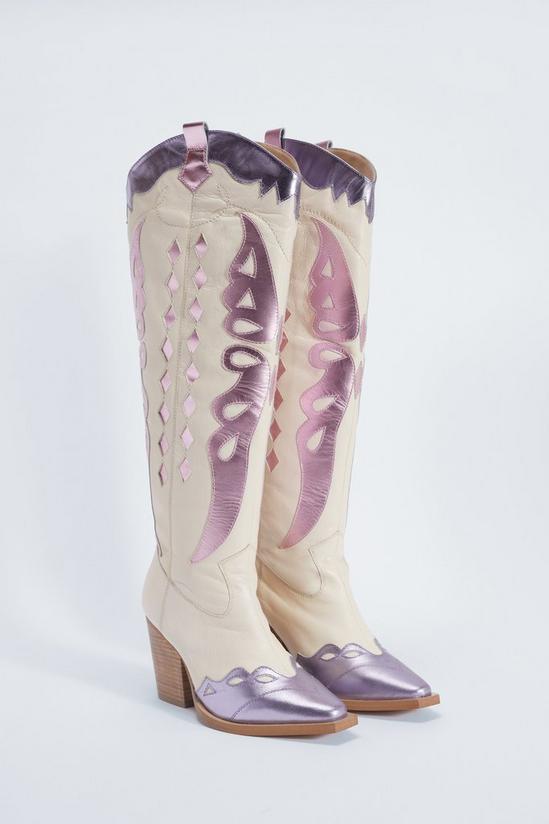 NastyGal Leather Metallic Butterfly Knee High Cowboy Boots 4