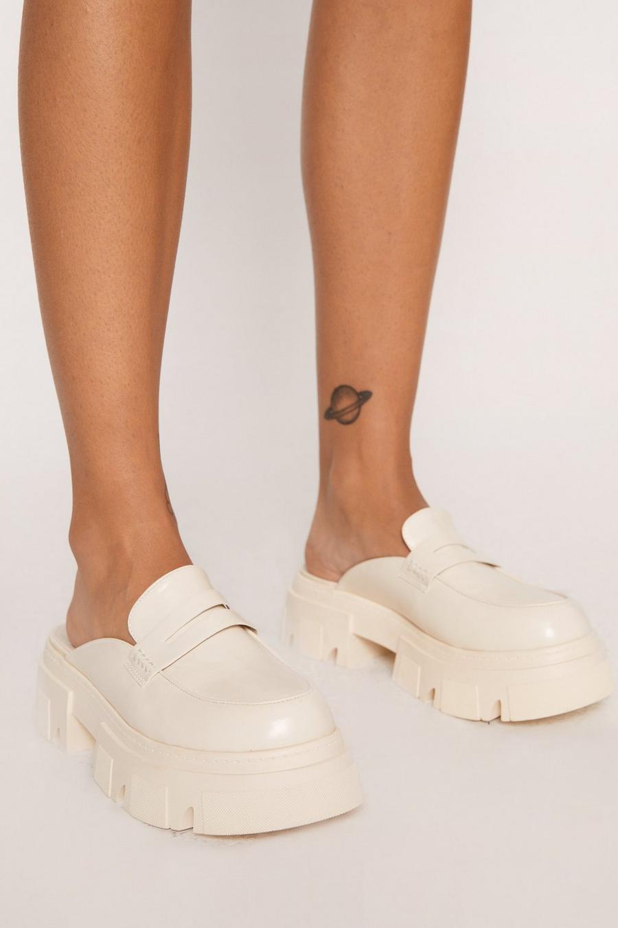 Beige Faux Leather Backless Chunky Loafers
