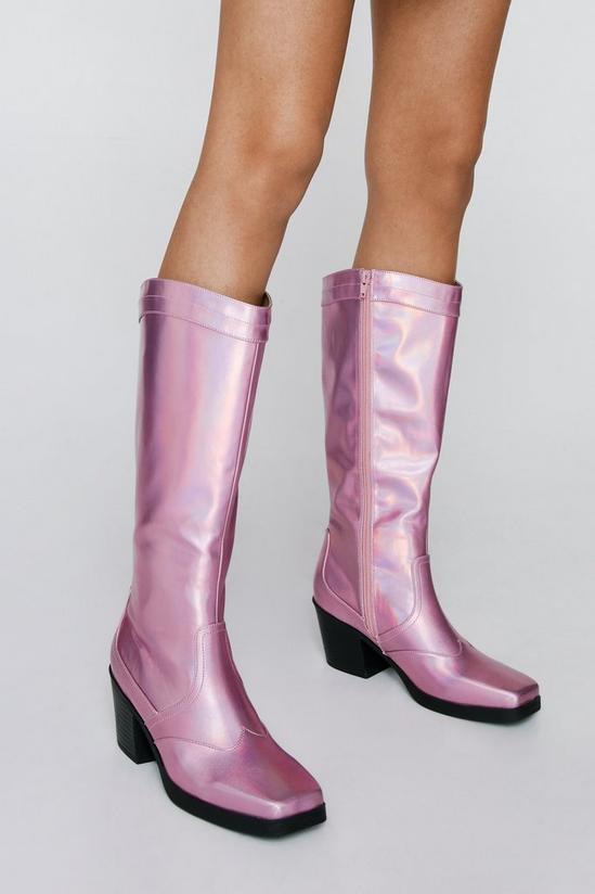 NastyGal Faux Leather Metallic Square Toe Knee High Cowboy Boots 2