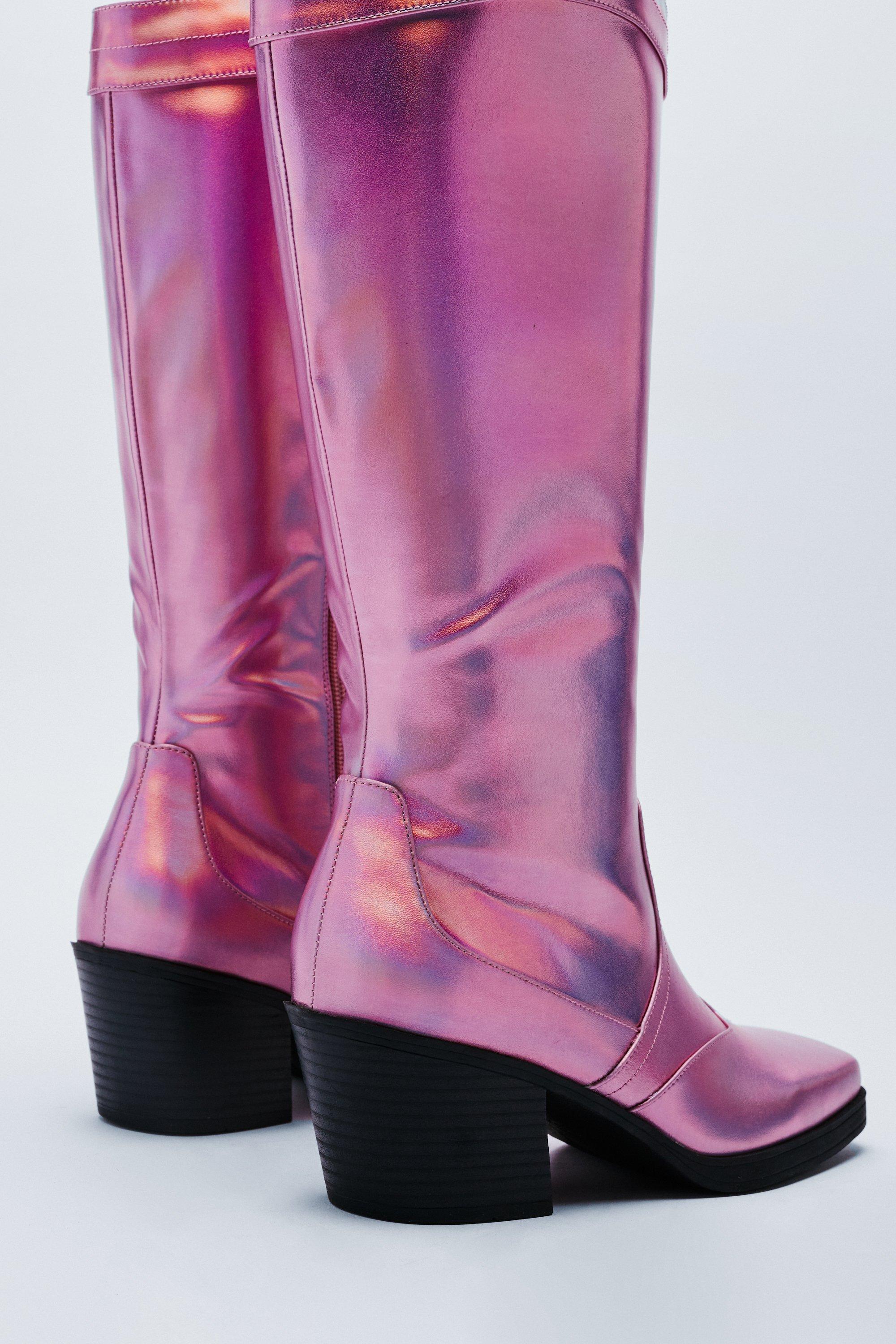 Faux Leather Metallic Square Toe Knee High Cowboy Boots