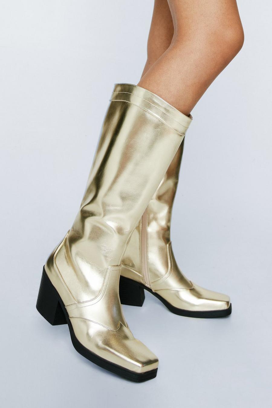 Gold metallic Faux Leather Metallic Square Toe Cowboy Knee High Boot 