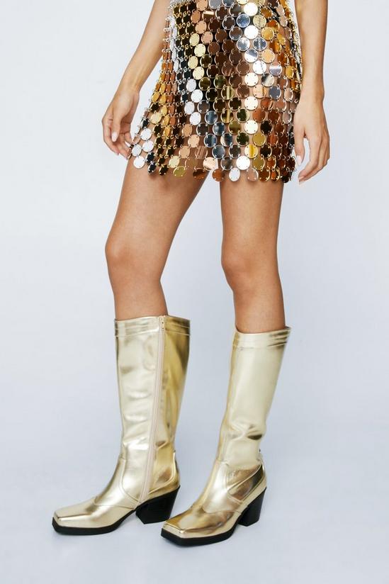 NastyGal Faux Leather Metallic Square Toe Knee High Cowboy Boots 3