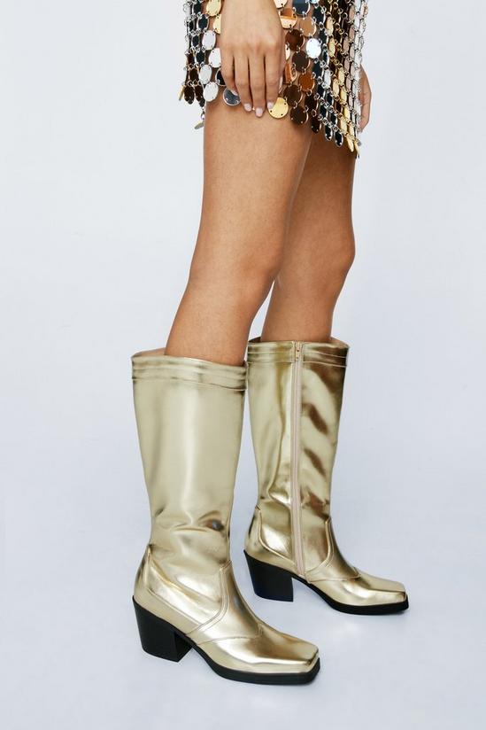 NastyGal Faux Leather Metallic Square Toe Knee High Cowboy Boots 4