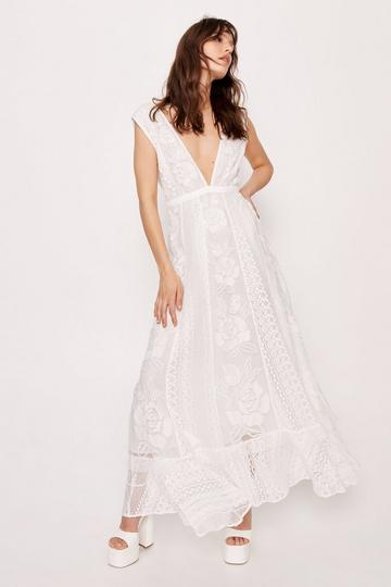 Ivory White Bridal Embroidery Lace Plunge Maxi Dress