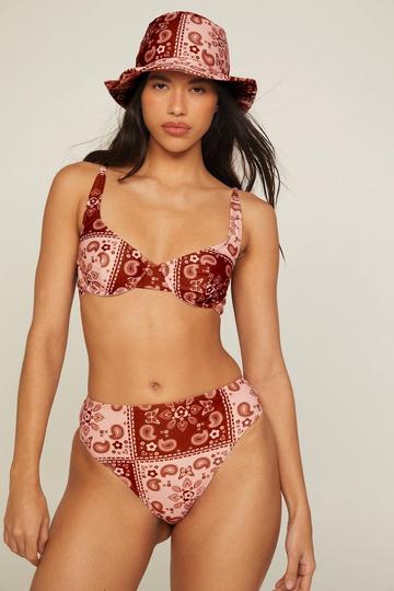 Tile Print Underwire Bikini And Bucket Hat 3pc Set brown