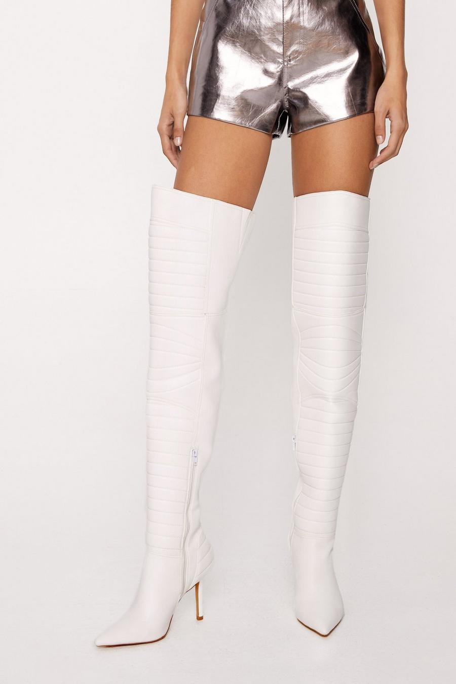 White Faux Leather Padded Motocross Thigh High Boots image number 1