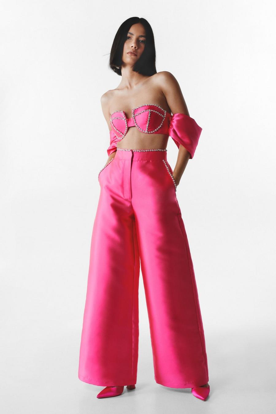 Pink Diamante Embellished Wide Leg Trousers