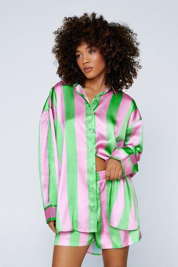 Pink Satin Stripe Oversized Pyjama Shorts Set