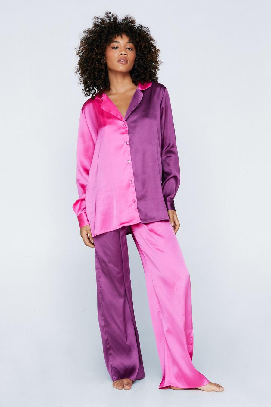 Hot pink Satin Colourblock Pyjama Shirt and Trouser Set