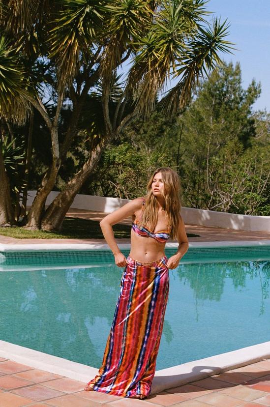 NastyGal Satin Blurred Stripe Underwire Bikini And Skirt 3pc Set 1