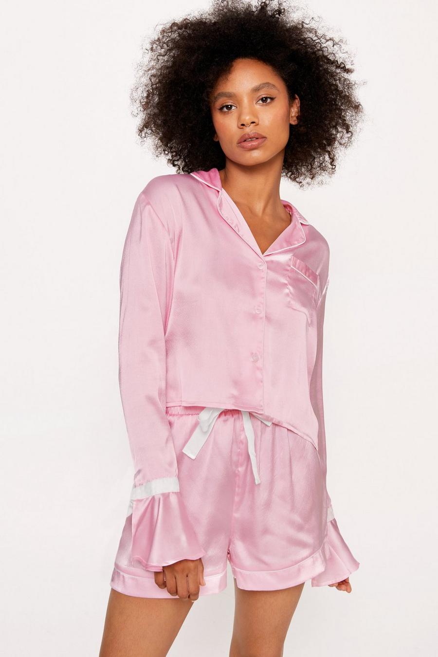 Mauve Satin Contrast Velvet Tie Cuff Pyjama Shirt And Shorts Set