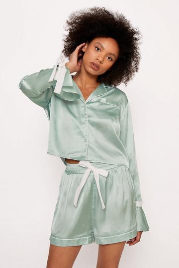 Satin Contrast Tie Cuff Pajama Shirt And Shorts Set sage