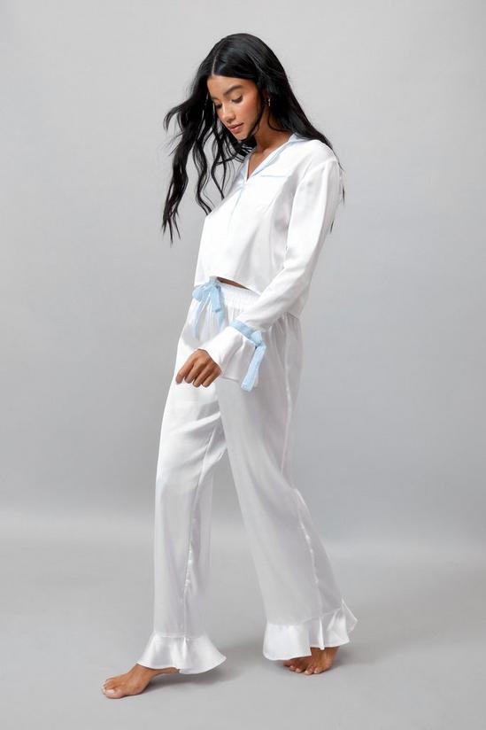 NastyGal Satin Contrast Velvet Tie Cuff Pyjama Shirt and Trousers Set 3