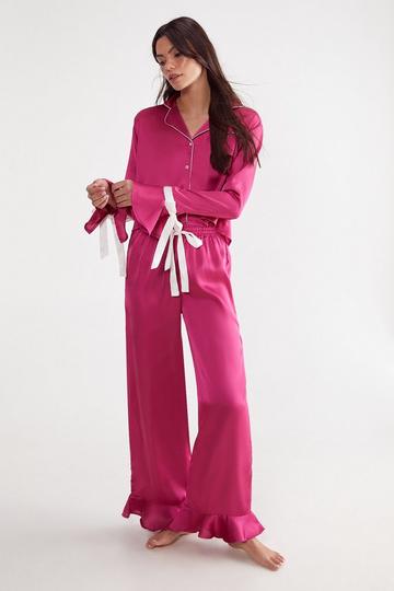 Satin Contrast Tie Cuff Pajama Shirt And Pants Set plum