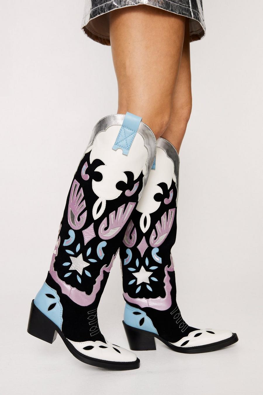 Black Leather And Suede Color Block Cowboy Boots image number 1