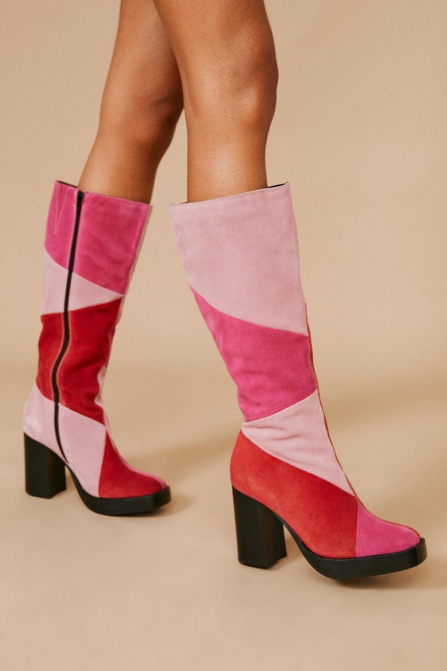 Pink Real Suede Platform Knee High Boots