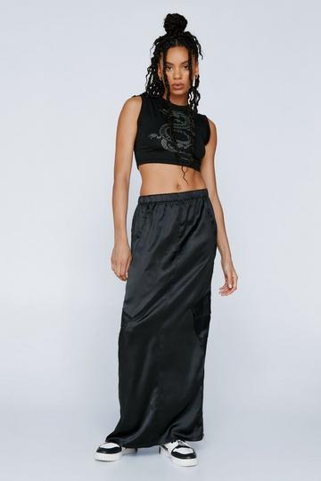 Satin Mid Rise Cargo Maxi Skirt black