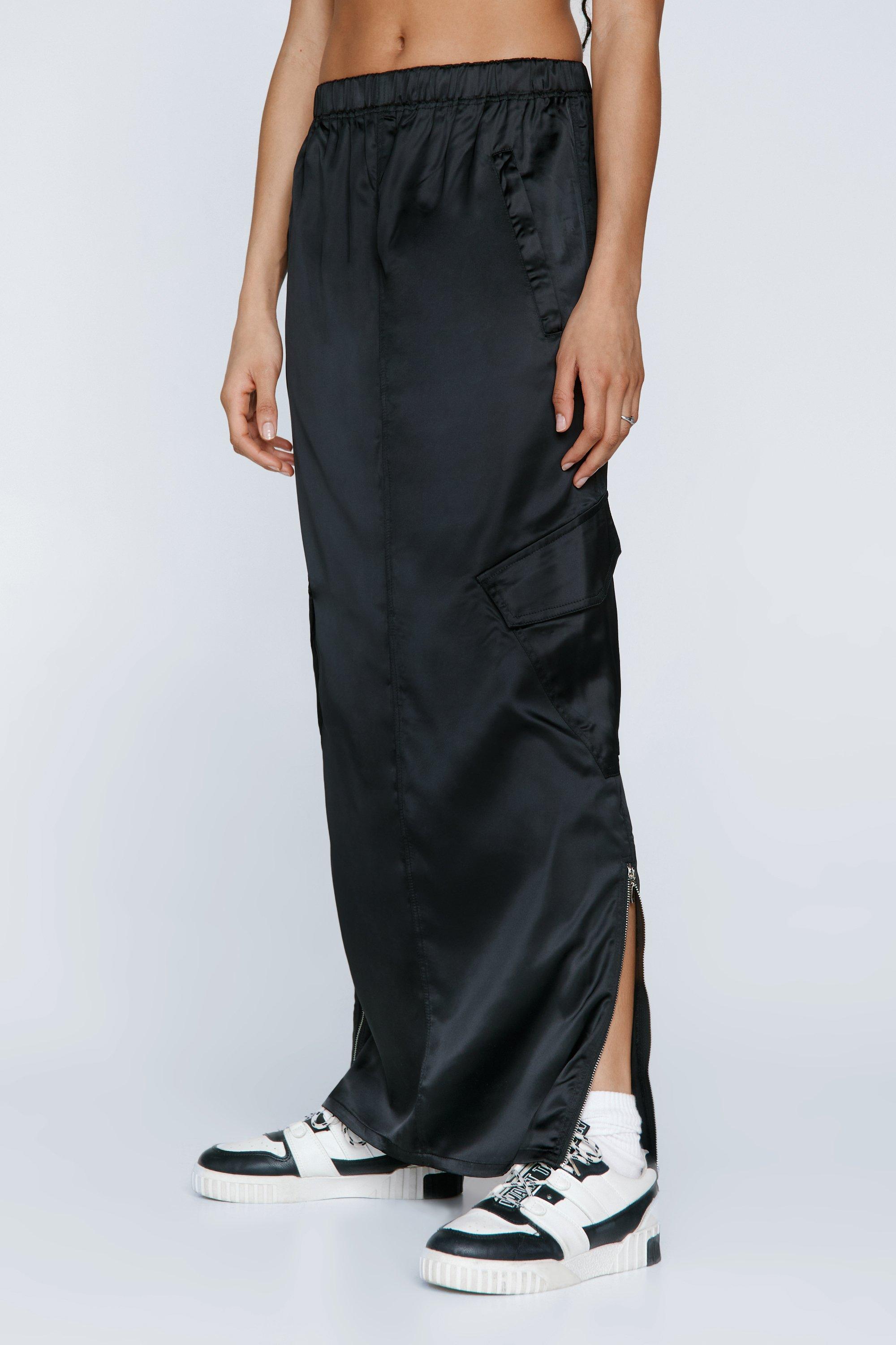 Satin Mid Rise Cargo Maxi Skirt