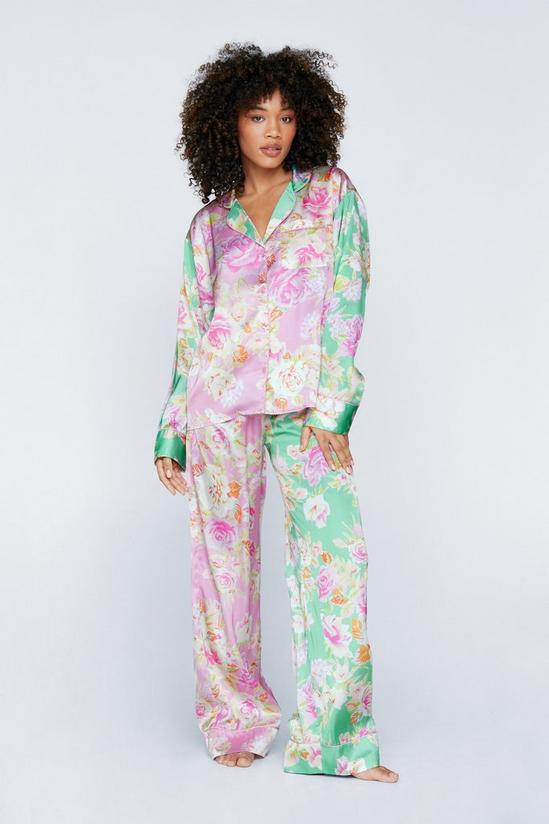 NastyGal Satin Floral Print Colour Block Pyjama Trousers Set 1