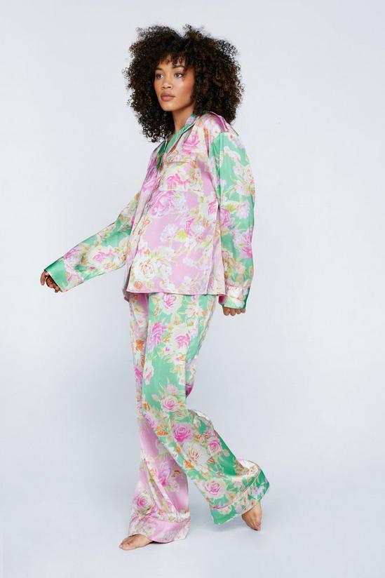 NastyGal Satin Floral Print Colour Block Pyjama Trousers Set 4