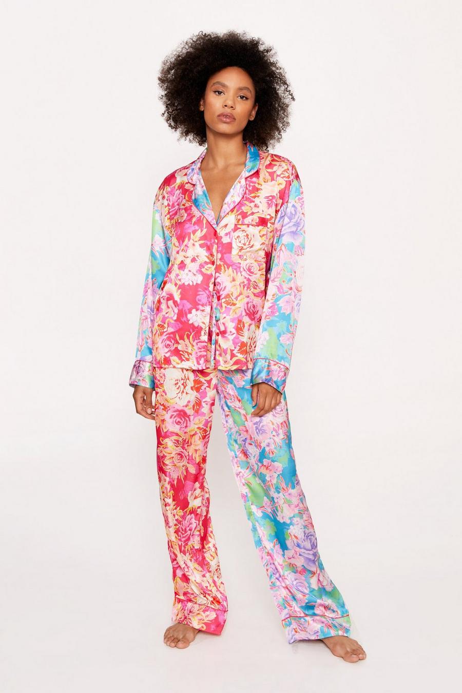Hot pink Satin Floral Print Colour Block Pyjama Trousers Set