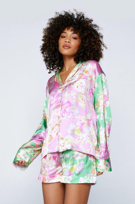 NastyGal Satin Floral Print Colourblock Pyjama Short Set 2