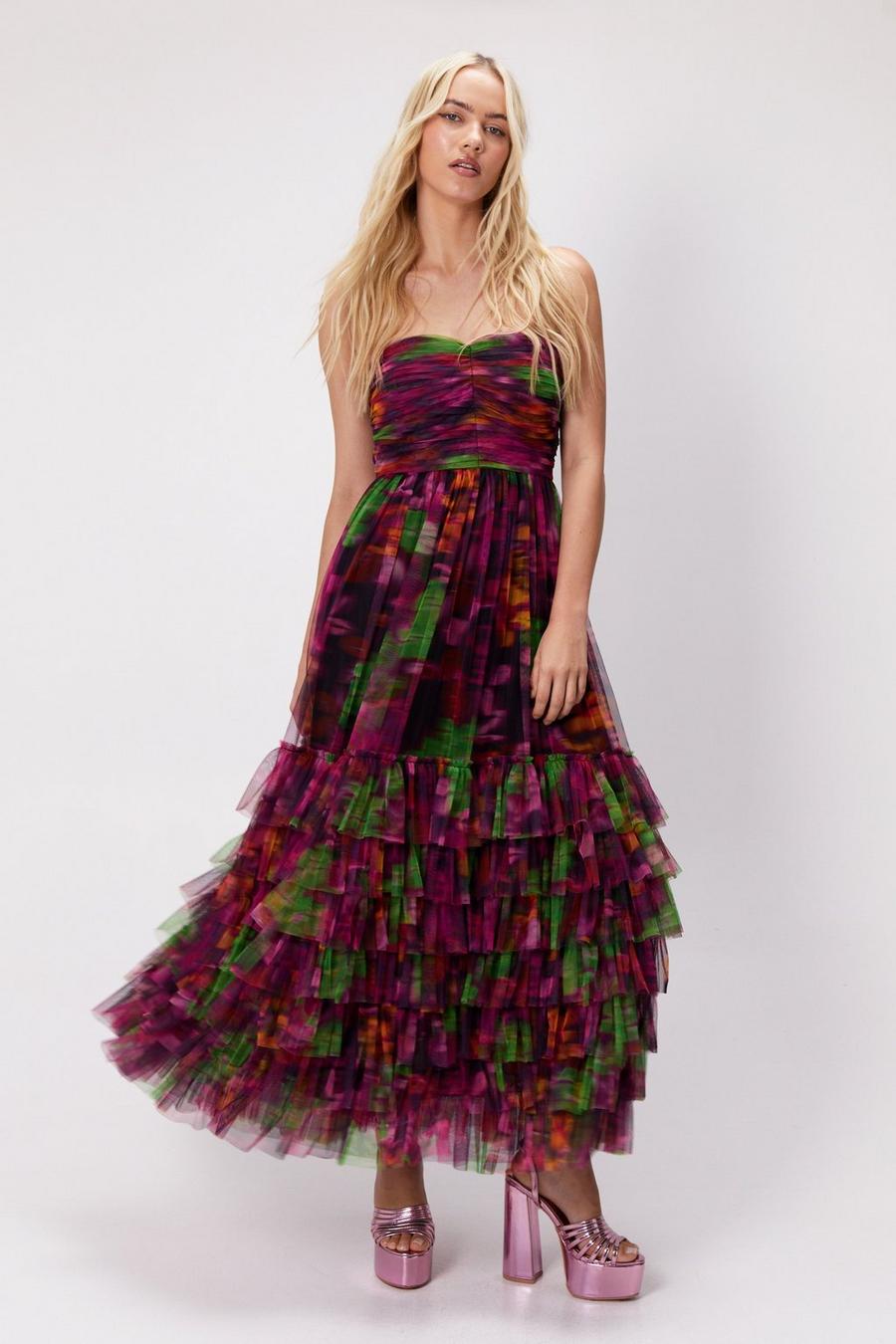Purple Floral Print Tulle Bandeau Maxi Dress image number 1