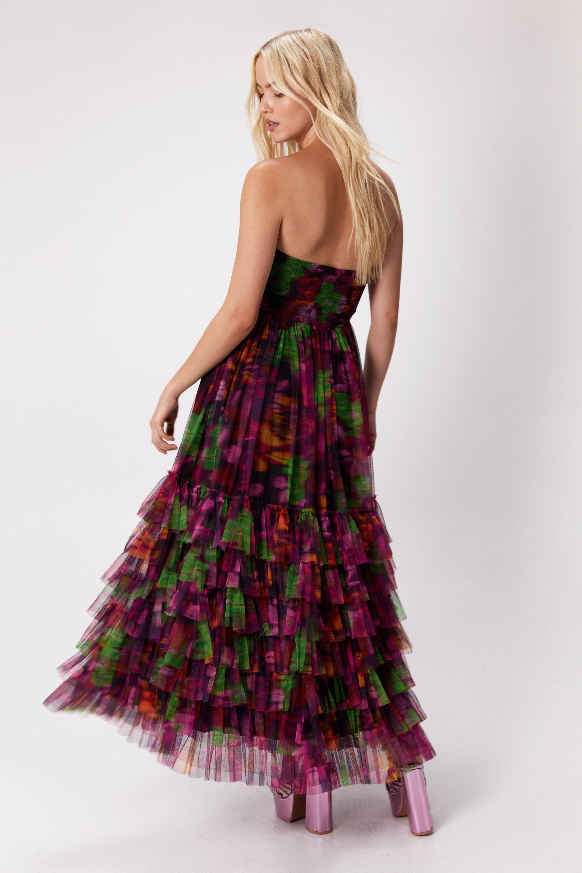 Floral Print Tulle Bandeau Maxi Dress