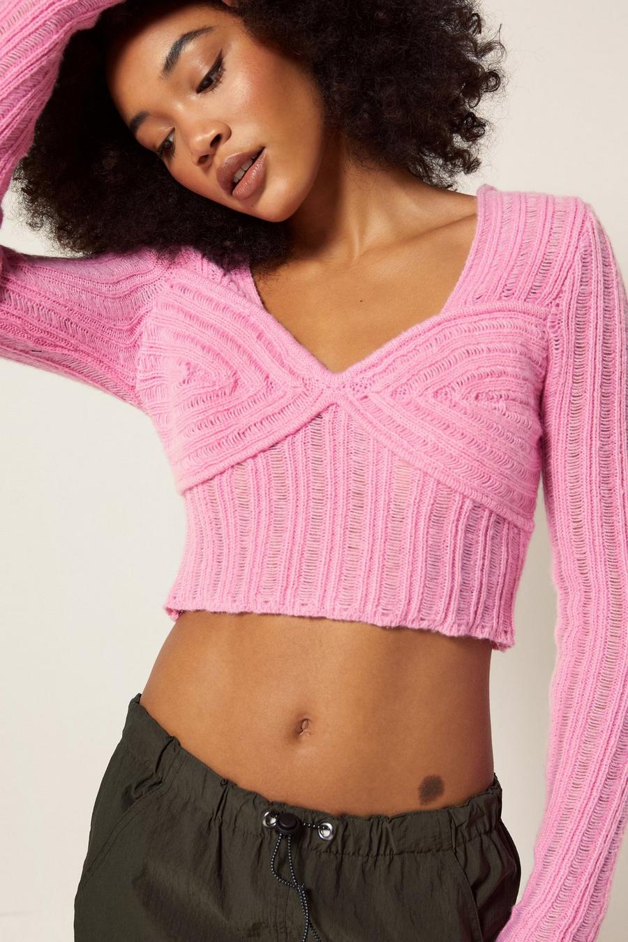 Pink Ribbed Corset Detail Knitted Top image number 1