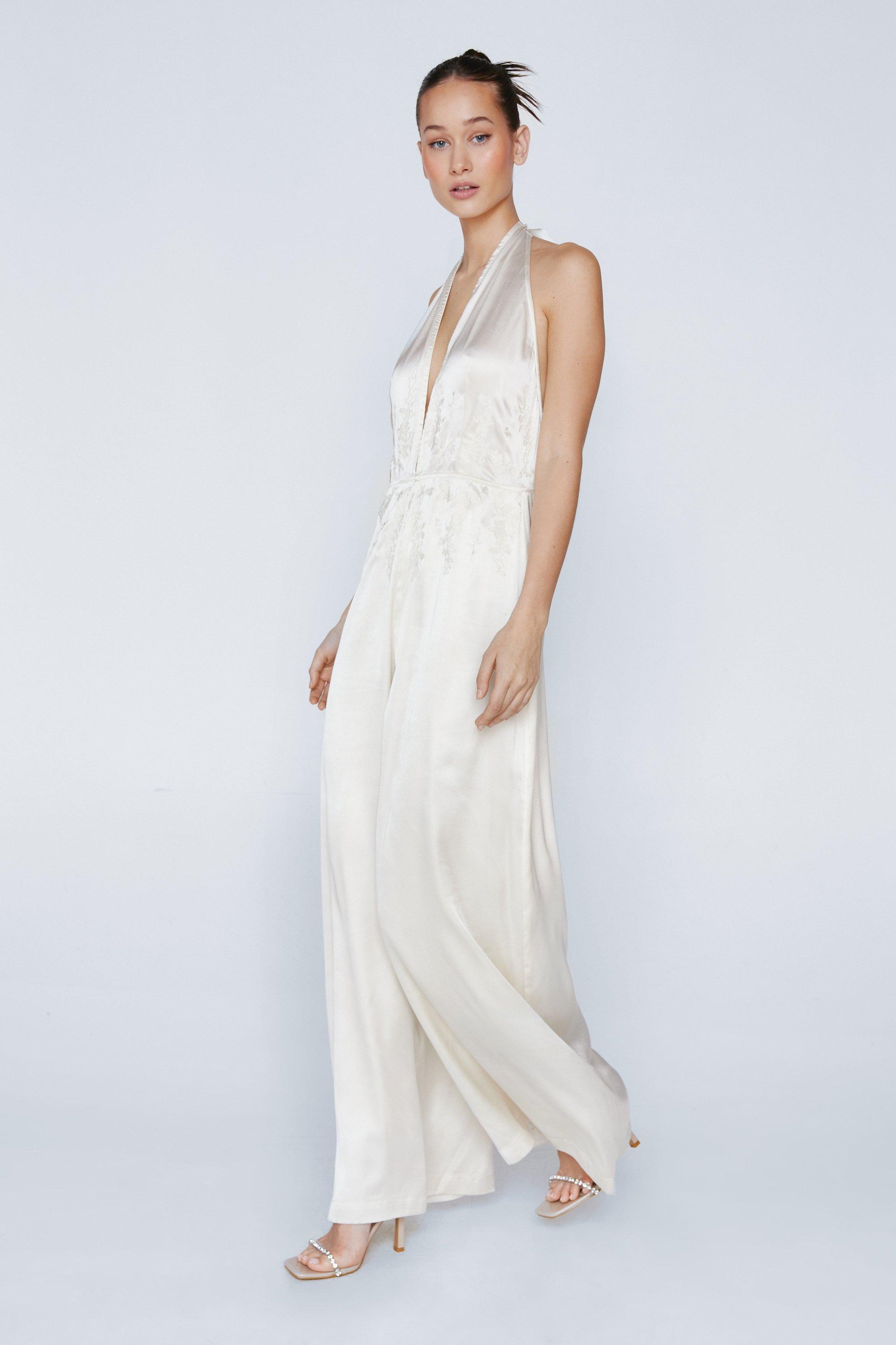 Petite Lace Applique Plunge Halter Jumpsuit