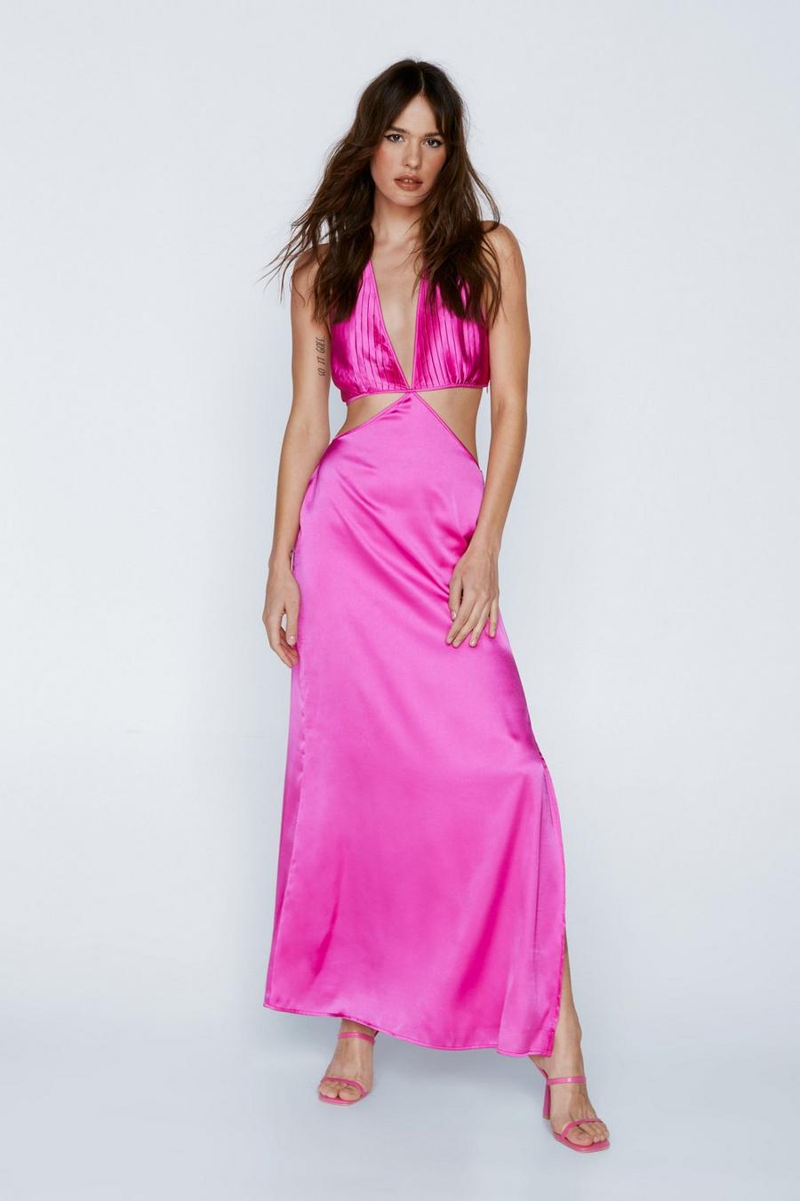 Hot pink Pleated Bust Halterneck Cut Out Maxi Dress image number 1