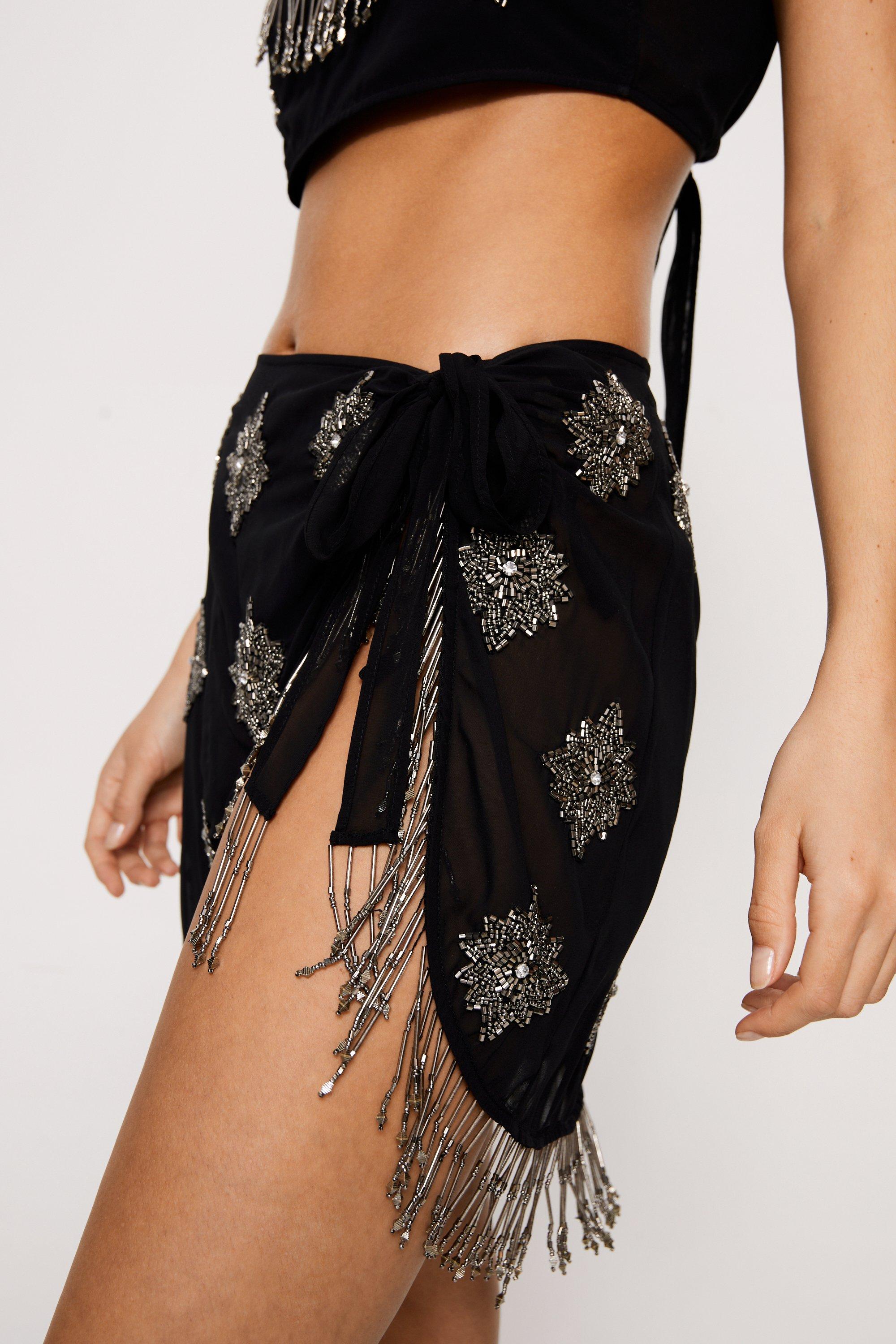 Women's Premium Embellished Tassel Bralette And Sarong Set | Boohoo UK