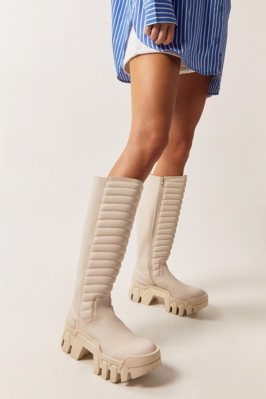 Cream Faux Leather Chunky Knee High Boots