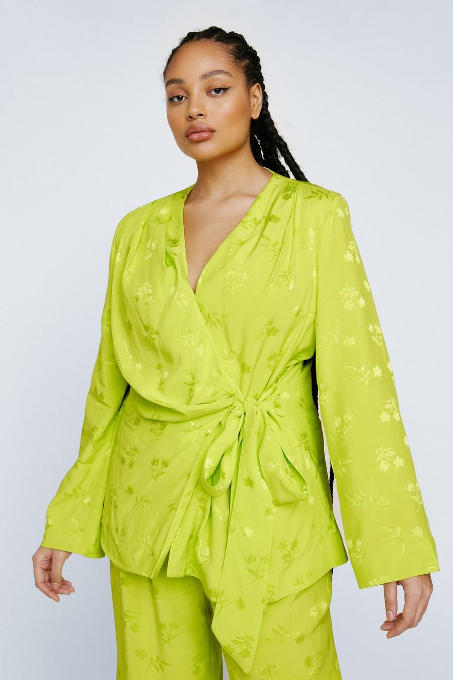 Lime Plus Size Premium Satin Floral Wrap Waist Blazer