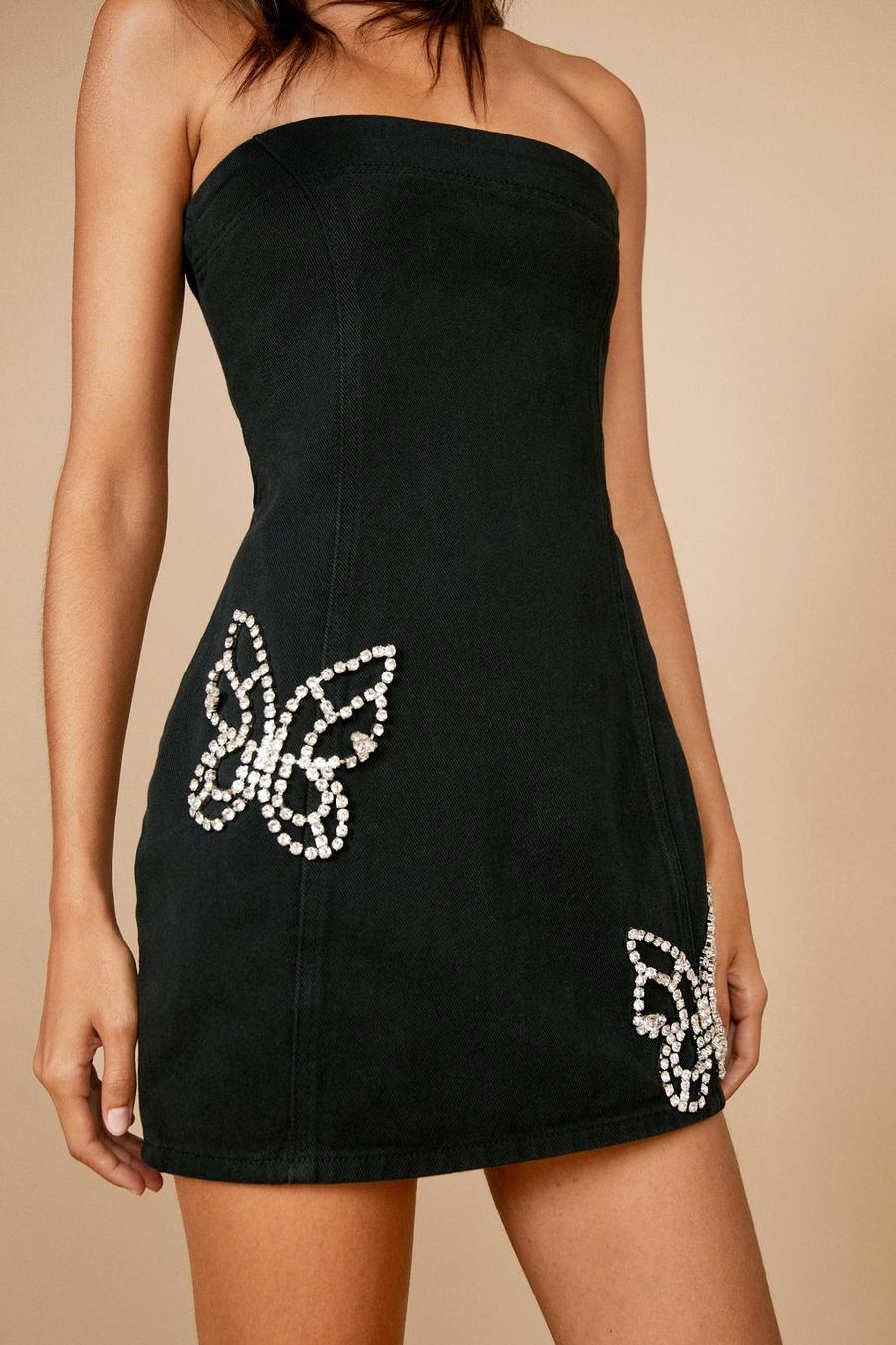 Washed black Premium Bling Butterfly Denim Bandeau Mini Dress