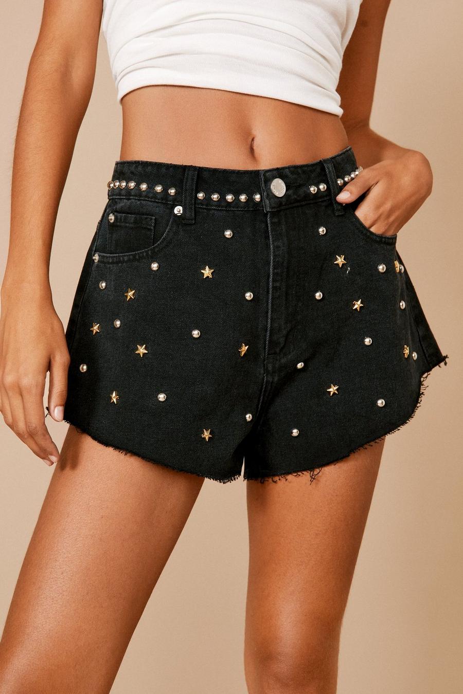Washed black Premium Embellished Star Studded Denim Shorts