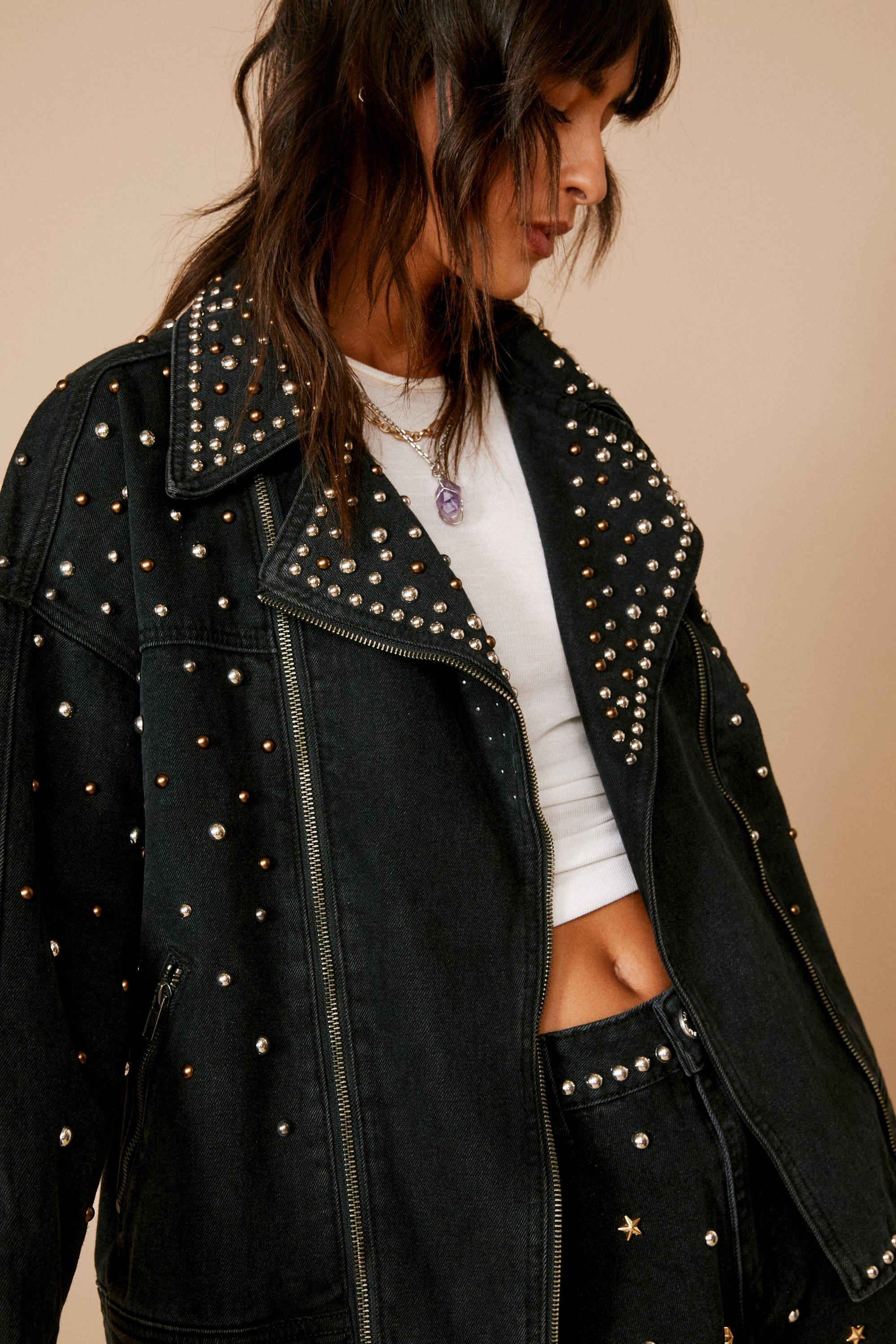 Women's Premium Embellished Studded Denim Biker Jacket | Boohoo UK