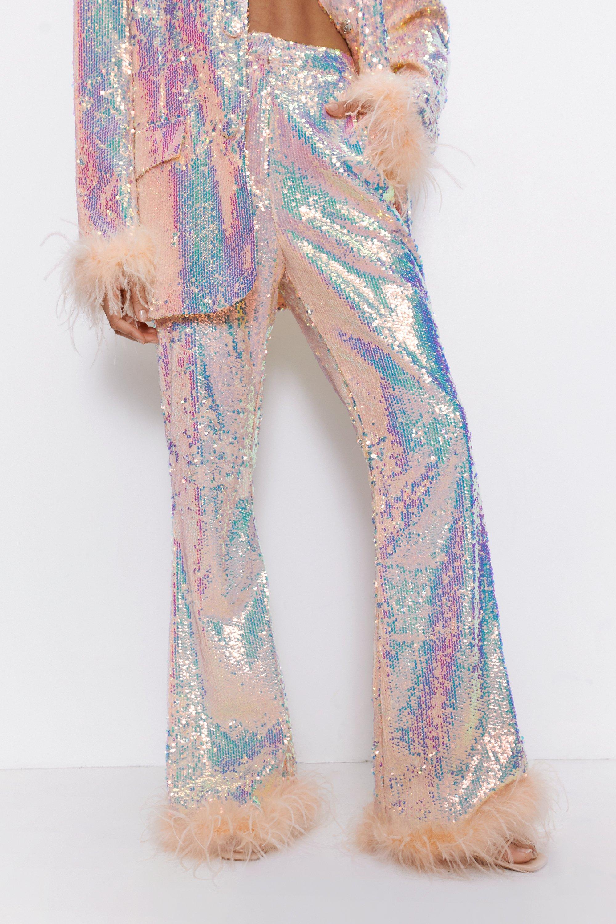 Premium Sequin Feather Trim Flare Pants