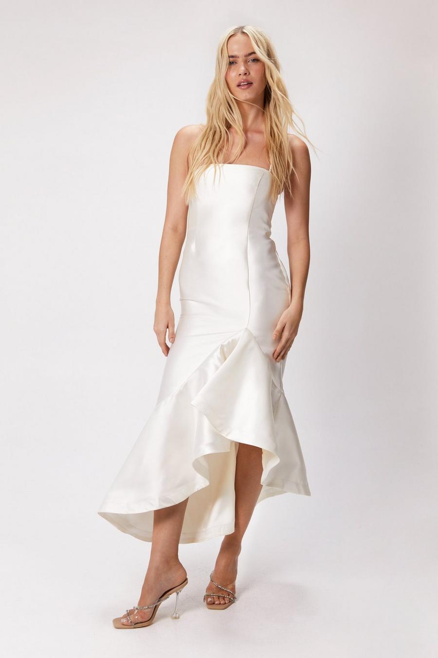 Ivory white Structured Twill Ruffle Strappy Midi Dress